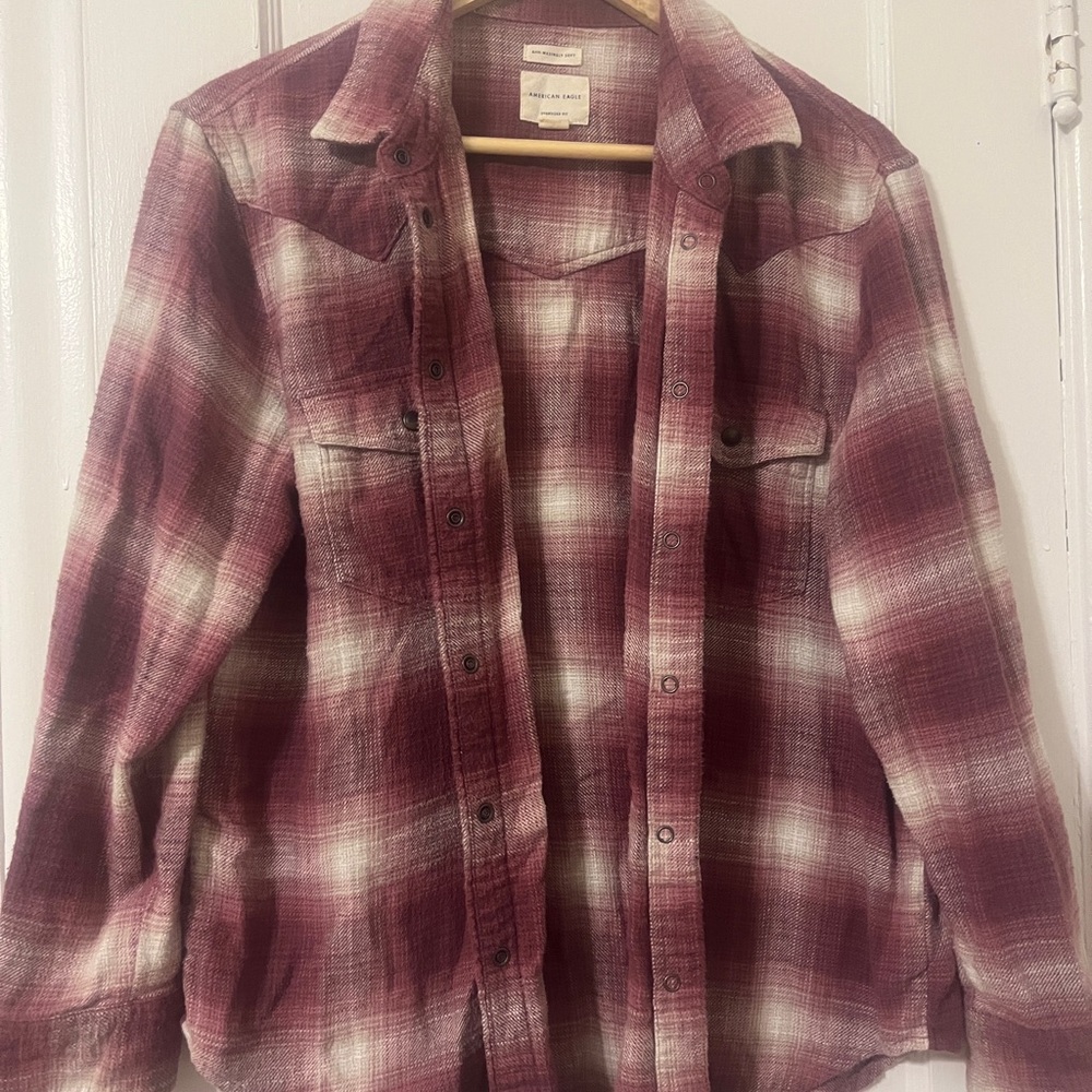 American Eagle Outfitters Oversized Plaid Shirt in Burgundy and White